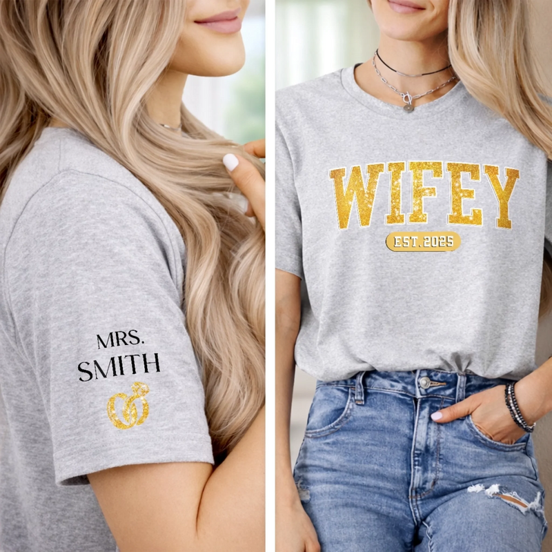 Custom Unisex T-Shirt With Design On Sleeve - Personalized Anniversary Wedding Gifts For Husband And Wife, Him And Her - Officially In My Wife Era