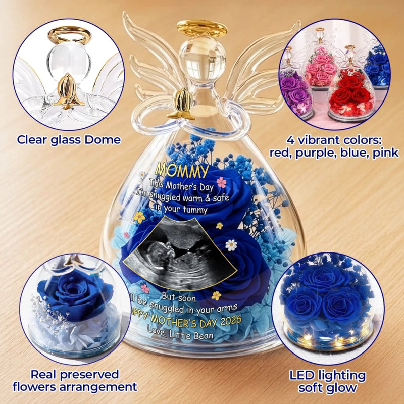 Custom Photo Angel Glass Dome With Preserved Flowers - Personalized Baby Shower, Gender Reveal Gifts For New Moms, Wife, Daughter - First Cuddles Coming Soon