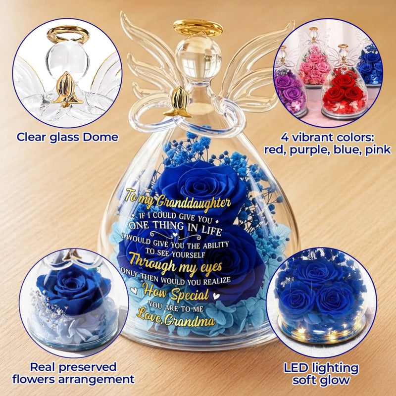 Custom Angel Glass Dome With Preserved Flowers - Personalized Birthday Gifts For Granddaughter - My Sweetest Girl In A World Of Roses