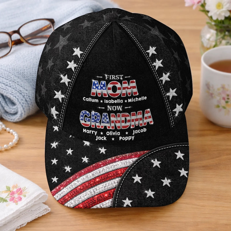 Custom Hat, All Over Print Classic Cap - Personalized Mother's Day Birthday Gifts For Mom, Grandma - Family Love In Red, White And Blue