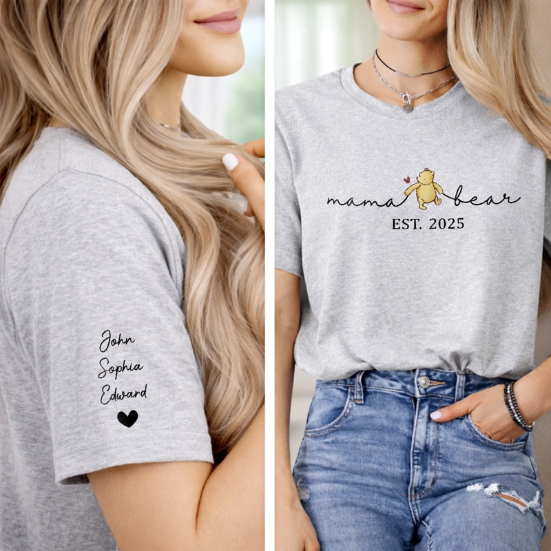 Custom Unisex T-Shirt With Design On Sleeve - Personalized Mother's Day Birthday Gifts For Mom, Grandma - Best Mama Bear Ever