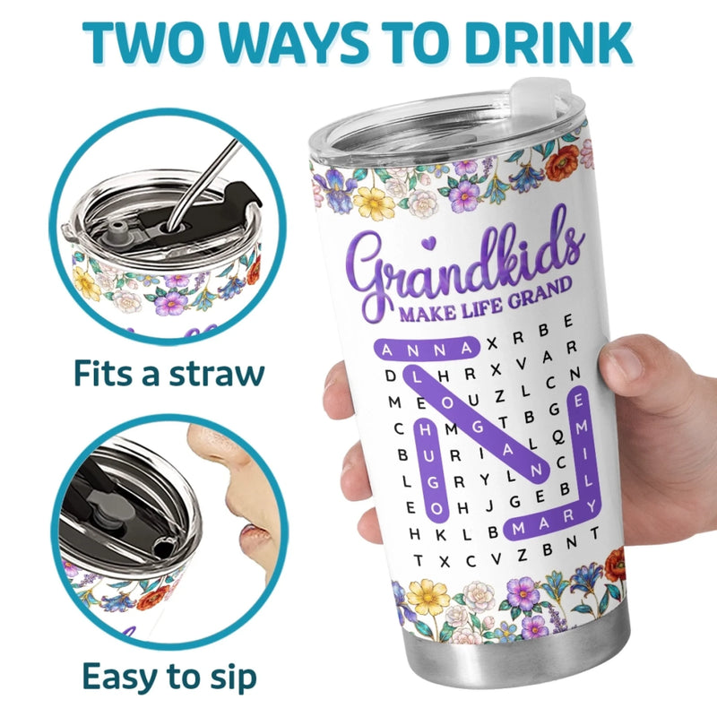 Custom Word Search Puzzle 3D Inflated Effect Printed Tumbler - Personalized Mother's Day Birthday Gifts For Mom, Grandma - Sweet Names, Sweeter Memories