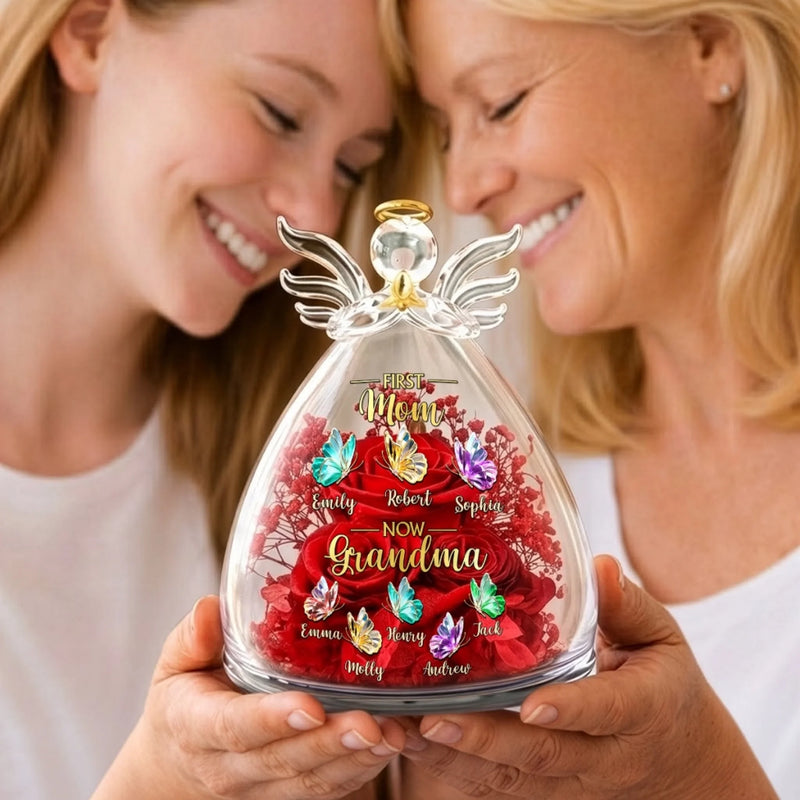 Custom Angel Glass Dome With Preserved Flowers - Personalized Mother's Day Birthday Gifts For Mom, Grandma - Mom Then, Grandma Now, Loved Forever