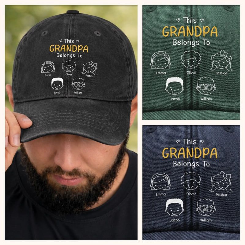 Custom Vintage Washed Denim Baseball Cap - Personalized Father's Day Gifts For Dad, Grandpa - This Grandpa Belongs To Us