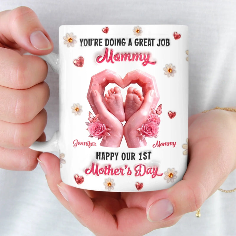 Custom 3D Inflated Effect Printed Mug - Personalized Mother's Day, Baby Shower, Gender Reveal Gifts For New Moms, Wife, Daughter - Baby Love, Wrapped In Blush Tones