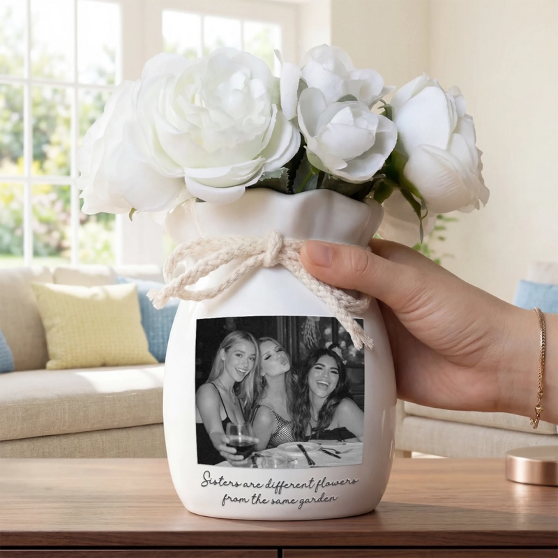 Custom Photo Flower Vase With Ribbon - Personalized Best Friend Birthday Gifts For Women, Besties, Sisters, BFF - We’re Besties Because No One Else Can Handle Us