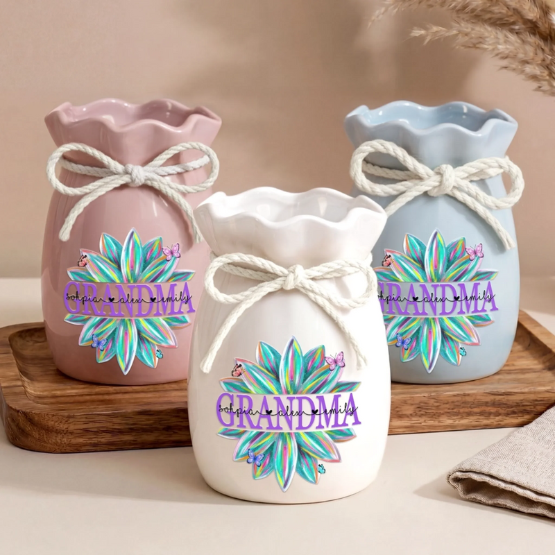 Custom Flower Vase With Ribbon - Personalized Mother's Day Birthday Gifts For Mom, Grandma - A Floral Burst Of Grandma Joy