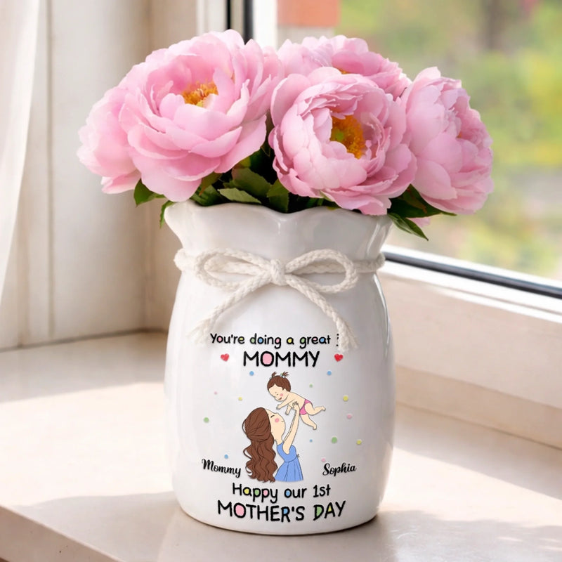 Custom Flower Vase With Ribbon - Personalized Baby Shower, Gender Reveal Gifts For New Moms, Wife, Daughter - Her First Mother’s Day In Bloom
