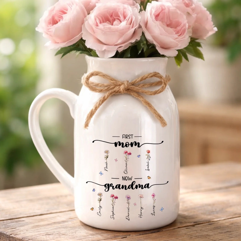 Custom Ceramic Pitcher Flower Vase - Personalized Mother's Day Birthday Gifts For Mom, Grandma - Her Garden Of Love Keeps Blooming