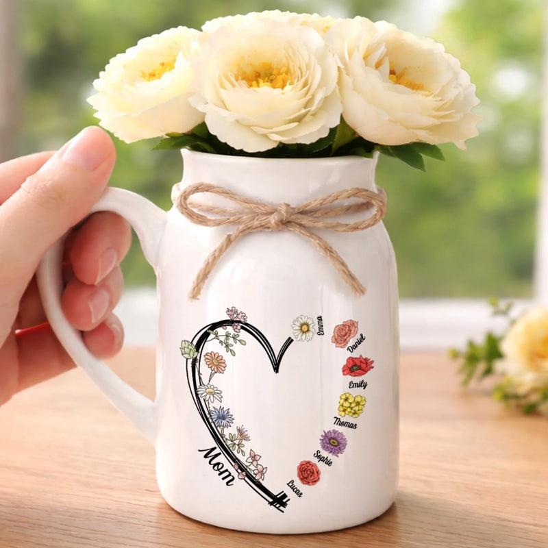 Custom Ceramic Pitcher Flower Vase - Personalized Mother's Day Birthday Gifts For Mom, Grandma - A Bouquet Made Of Love