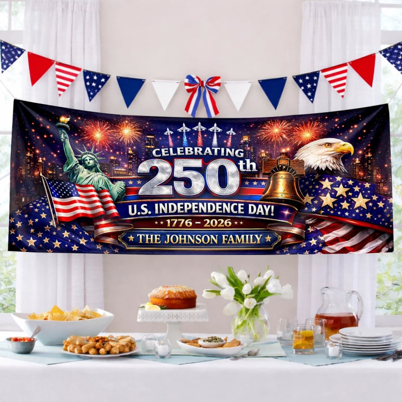 Custom Polyester Outdoor Banner - Personalized America 250th Anniversary Gifts For Mom, Dad, Brother, Sister, Kids - United We Stand Stronger Together