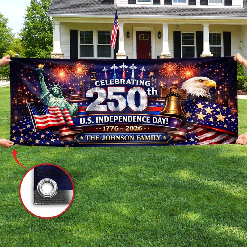 Custom Polyester Outdoor Banner - Personalized America 250th Anniversary Gifts For Mom, Dad, Brother, Sister, Kids - United We Stand Stronger Together