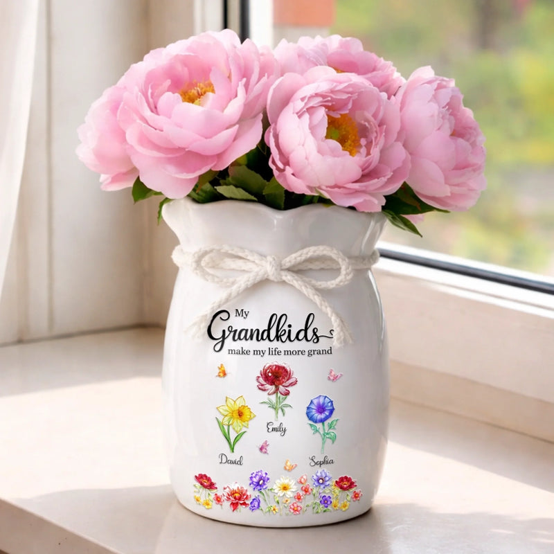 Custom Flower Vase With Ribbon - Personalized Mother's Day Birthday Gifts For Mom, Grandma - Love Grows Wild With Grandkids