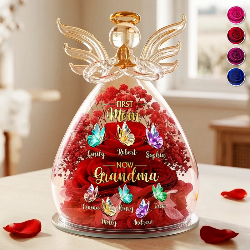 Custom Angel Glass Dome With Preserved Flowers - Personalized Mother's Day Birthday Gifts For Mom, Grandma - Mom Then, Grandma Now, Loved Forever