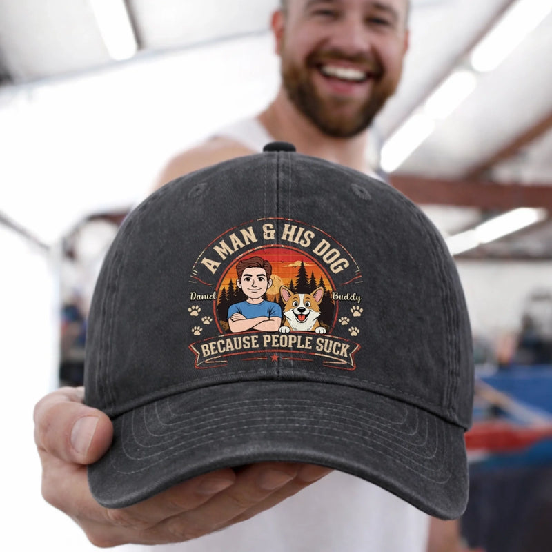 Custom Vintage Washed Denim Baseball Cap - Personalized Mother's Day, Father's Day Gifts For Dog Lovers, Dog Dad And Mom - My Pet My Happy Place