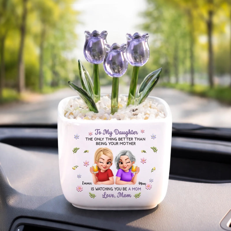 Custom Glass Everlasting Tulips - Personalized Mother's Day Birthday Gifts For Mom, Daughter - Forever Connected Heart To Heart