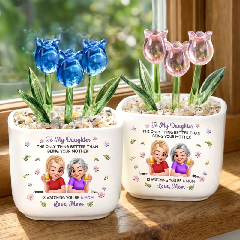 Custom Glass Everlasting Tulips - Personalized Mother's Day Birthday Gifts For Mom, Daughter - Forever Connected Heart To Heart
