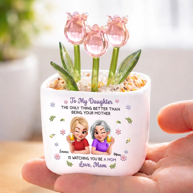 Custom Glass Everlasting Tulips - Personalized Mother's Day Birthday Gifts For Mom, Daughter - Forever Connected Heart To Heart