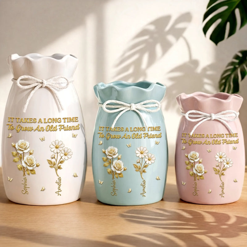 Custom Flower Vase With Ribbon - Personalized Best Friend Birthday Gifts For Women, Besties, Sisters, BFF - Growing Old, Staying Gold