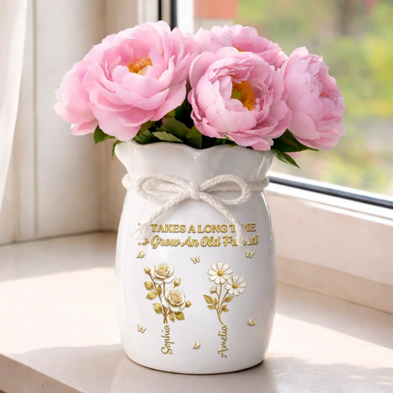 Custom Flower Vase With Ribbon - Personalized Best Friend Birthday Gifts For Women, Besties, Sisters, BFF - Growing Old, Staying Gold