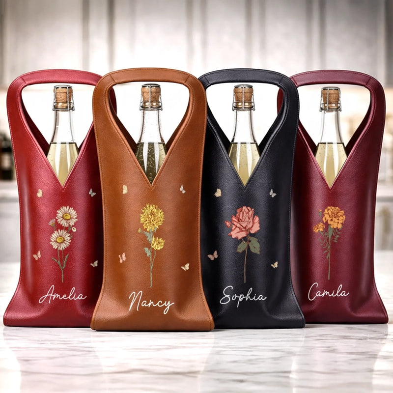 Custom Leather Wine Bag - Personalized Best Friend Birthday Gifts For Women, Besties, Sisters, BFF - Flowers, Wine And Good Vibes