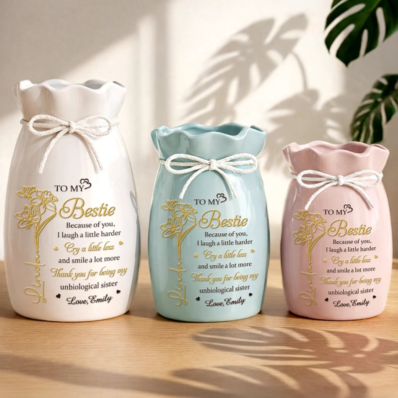 Custom Flower Vase With Ribbon - Personalized Best Friend Birthday Gifts For Women, Besties, Sisters, BFF - My Unbiological Sister Forever