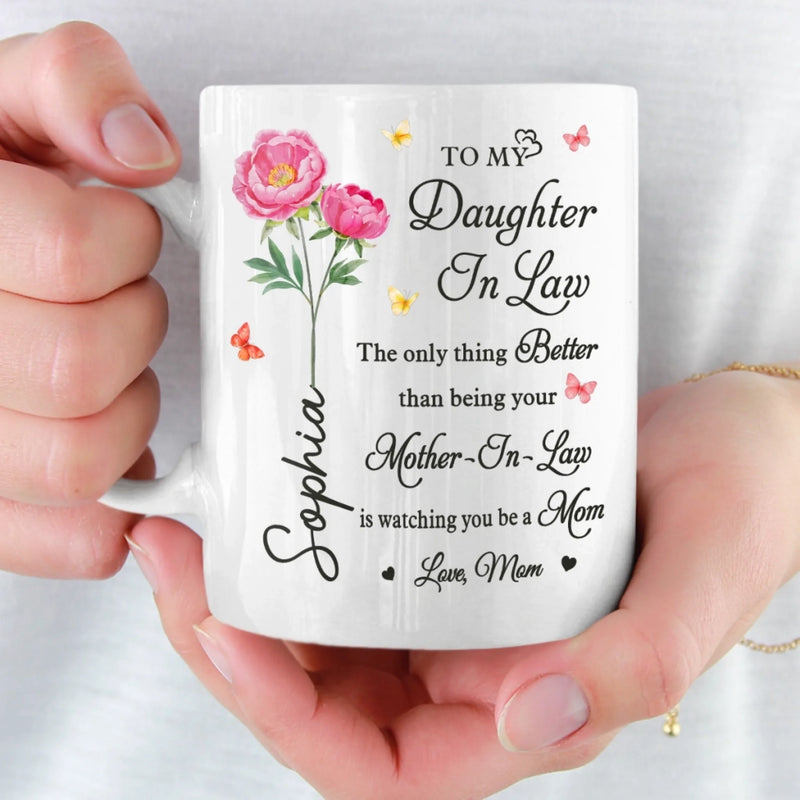 Custom Mug - Personalized Mother's Day Gifts For Daughter, Daughter-In-Law, Granddaughter - Blooming Into A Beautiful Mom