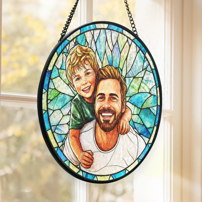 Custom Photo Stained Glass Window Hanging Suncatcher - Personalized Father's Day Birthday Gifts For Dad, Grandpa - Dad Always Our Hero