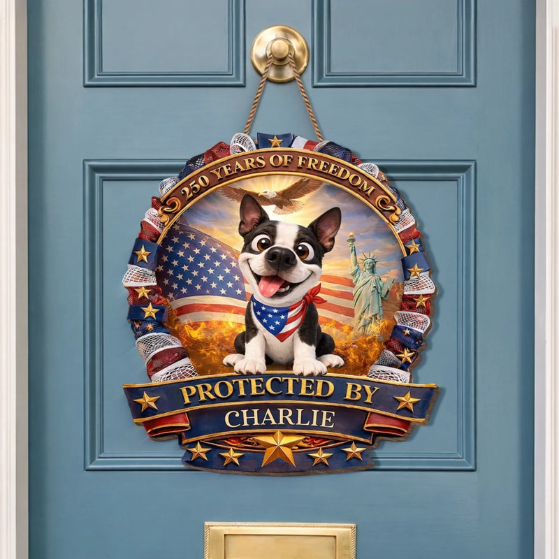 Custom Wood Sign - Personalized America 250th Anniversary Gifts For Dog Lovers, Dog Dad And Mom - Home Of Freedom And Happy Dogs