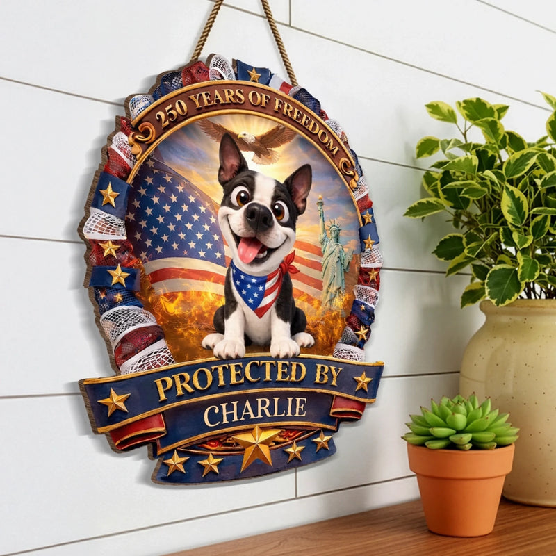 Custom Wood Sign - Personalized America 250th Anniversary Gifts For Dog Lovers, Dog Dad And Mom - Home Of Freedom And Happy Dogs