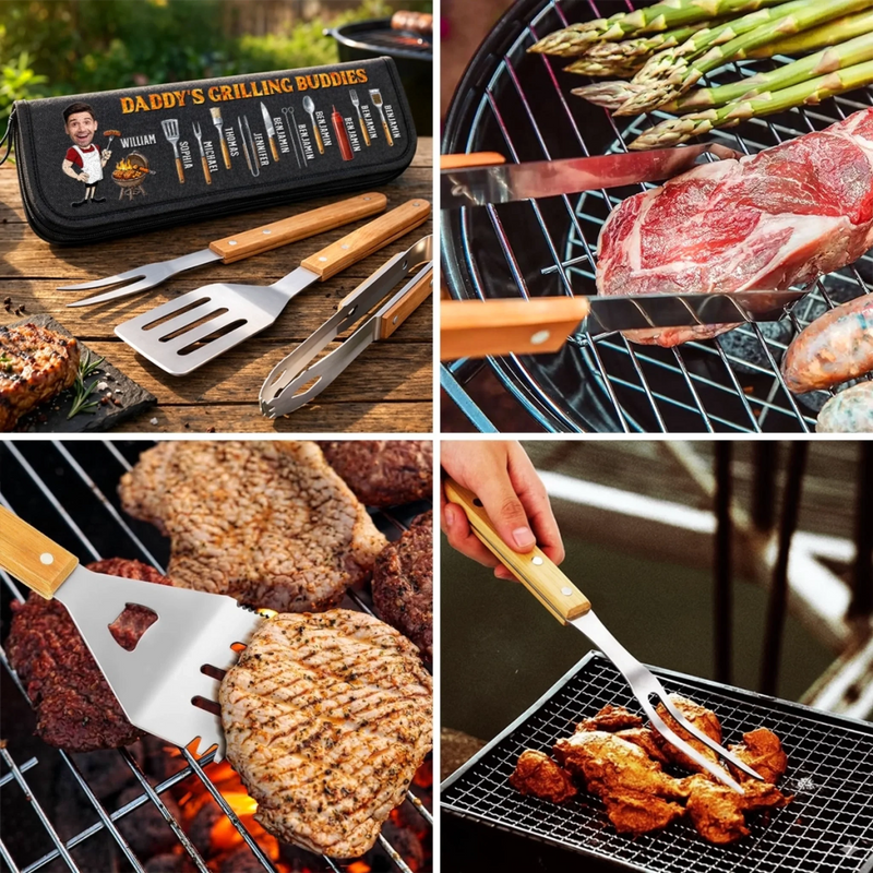 Custom Photo BBQ Tool Set With Storage Bag - Personalized Father's Day Birthday Gifts For Dad, Grandpa - Grilling Buddies