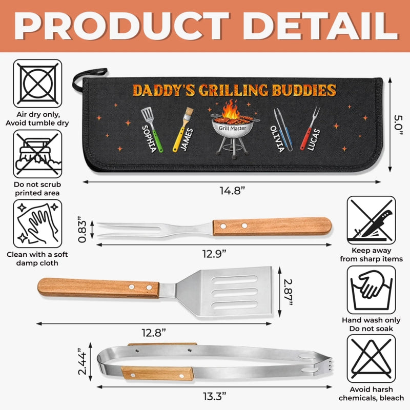 Custom BBQ Tool Set With Storage Bag - Personalized Father's Day Birthday Gifts For Dad, Grandpa - Daddy's Grilling Buddy