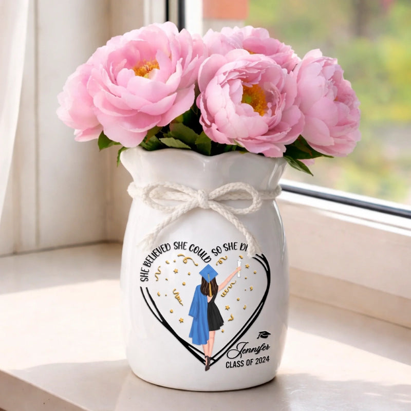 Custom Flower Vase With Ribbon - Personalized Graduation Gifts For Her - Graduation Looks Good On You