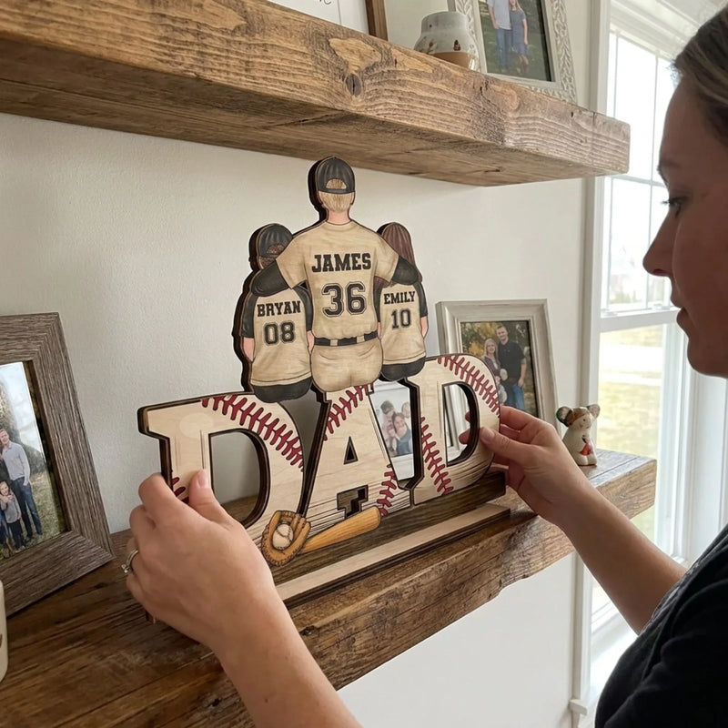 Our Favorite Position, Right Beside Dad - Family Personalized Custom Shaped 2-Layered Wooden Plaque With Flat Stand - Father's Day, House Warming Gift For Dad, Sport Lovers, Sport Players