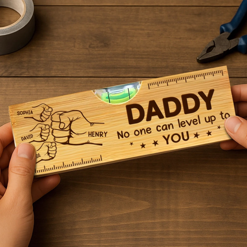 Custom Wooden Bottle Opener With Built-in Spirit Level - Personalized Father's Day Birthday Gifts For Dad, Grandpa - Dad Level Always Perfect