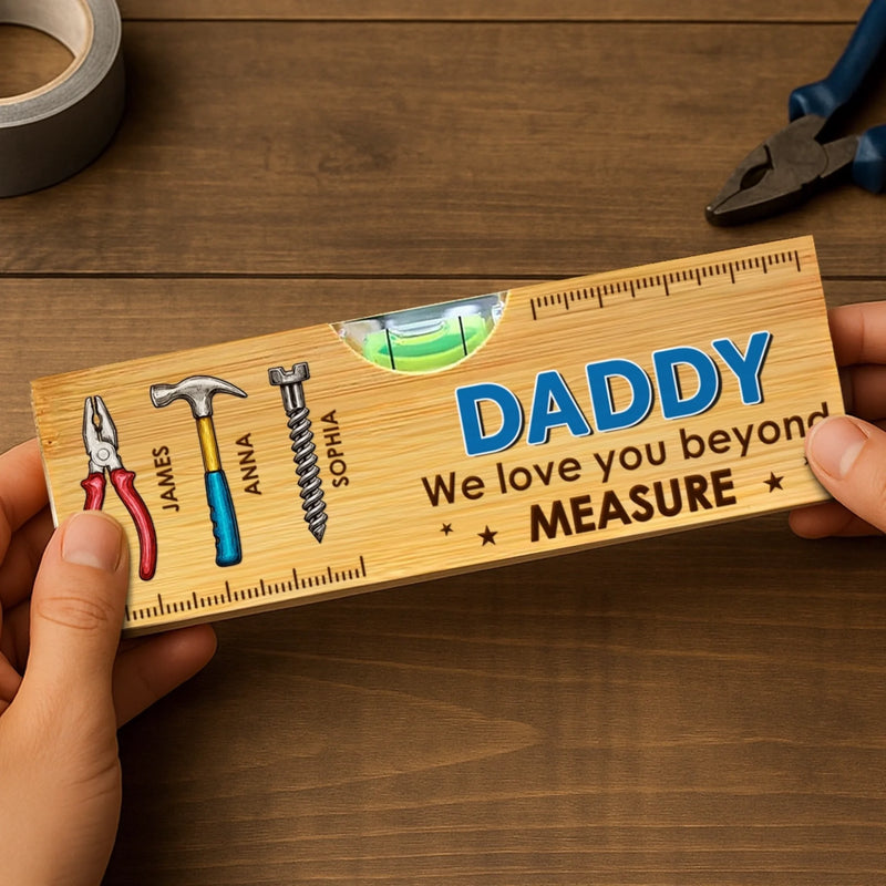 Custom Wooden Bottle Opener With Built-in Spirit Level - Personalized Father's Day Birthday Gifts For Dad, Grandpa - Dad Is Strength And Love