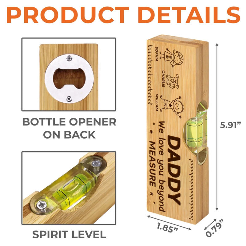 Custom Wooden Bottle Opener With Built-in Spirit Level - Personalized Father's Day Birthday Gifts For Dad, Grandpa - Level Up Your Spirits