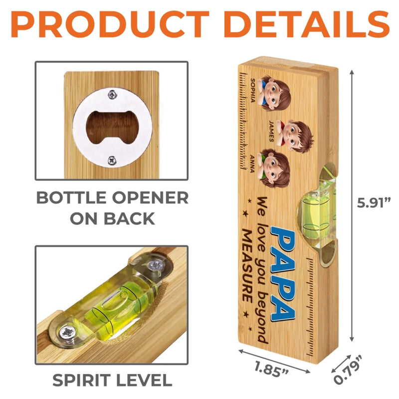 Custom Wooden Bottle Opener With Built-in Spirit Level - Personalized Father's Day Birthday Gifts For Dad, Grandpa - Dad Always Leads The Way