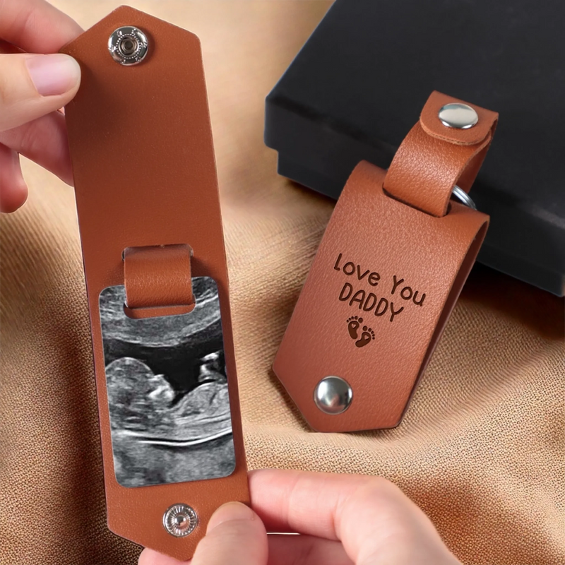 Custom Photo Engraved Leather Keychain - Personalized Father's Day, Baby Shower, Gender Reveal Gifts For New Dads, Grandpas - Your Little Miracle Is On The Way