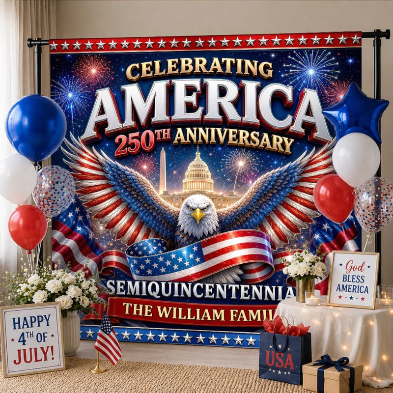 Custom Backdrop - Personalized America 250th Anniversary Gifts For Mom, Dad, Brother, Sister, Kids - Backyard Party, Patriotic Edition
