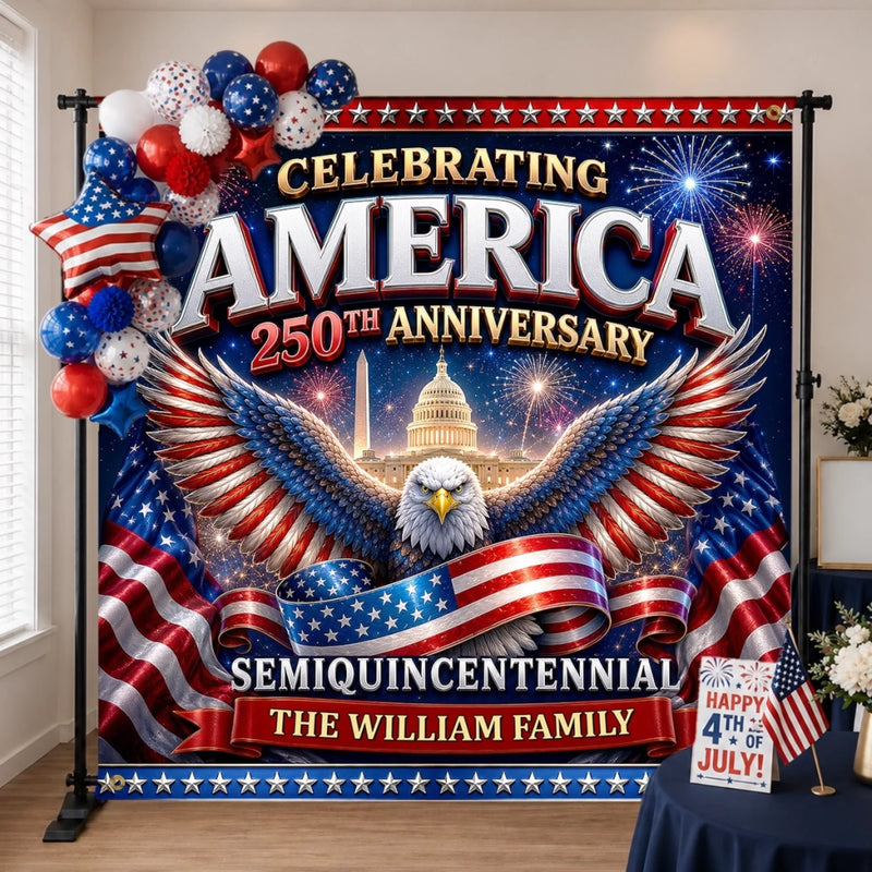 Custom Backdrop - Personalized America 250th Anniversary Gifts For Mom, Dad, Brother, Sister, Kids - Backyard Party, Patriotic Edition