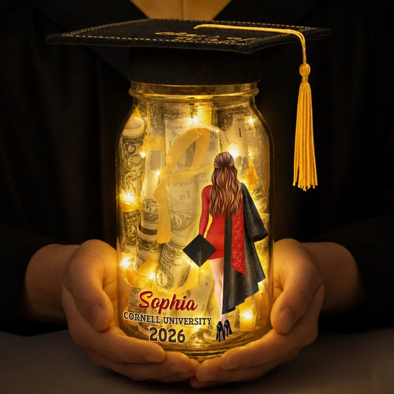 Custom Money Holder Mason Jar Light - Personalized Graduation Gifts For Her - Loved, Supported, Unstoppable