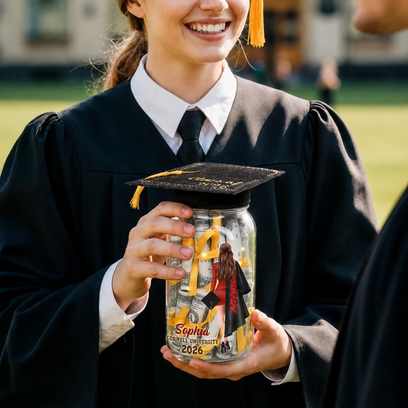 Custom Money Holder Mason Jar Light - Personalized Graduation Gifts For Her - Loved, Supported, Unstoppable