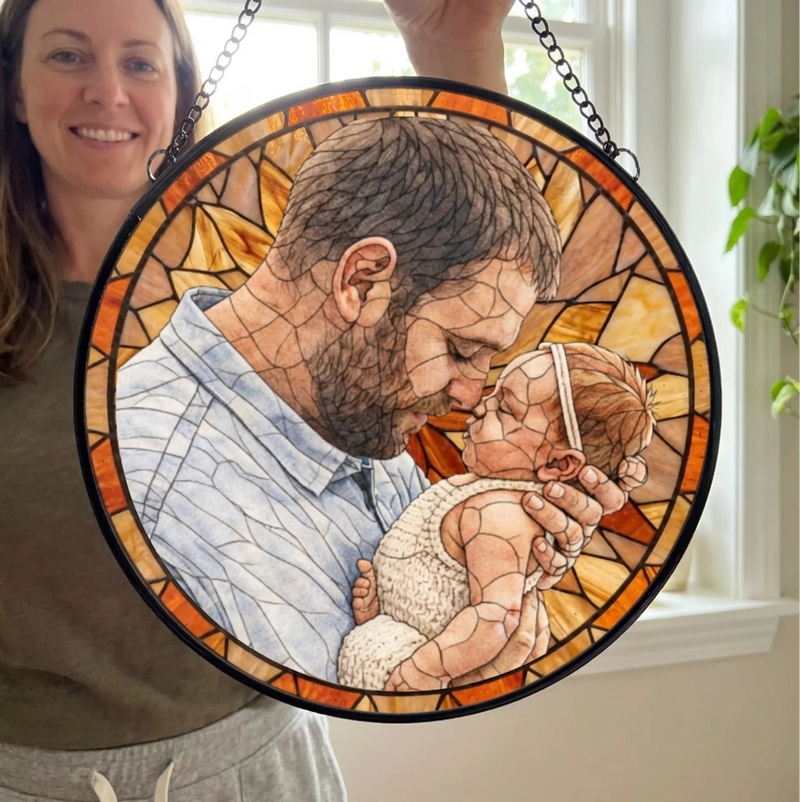 Custom Photo Stained Glass Window Hanging Suncatcher - Personalized Father's Day Birthday Gifts For Dad, Grandpa - Dad Always Our Hero