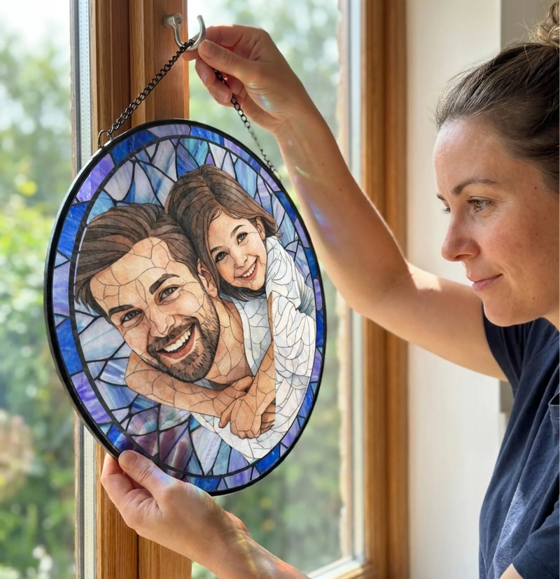 Custom Photo Stained Glass Window Hanging Suncatcher - Personalized Father's Day Birthday Gifts For Dad, Grandpa - Dad Always Our Hero
