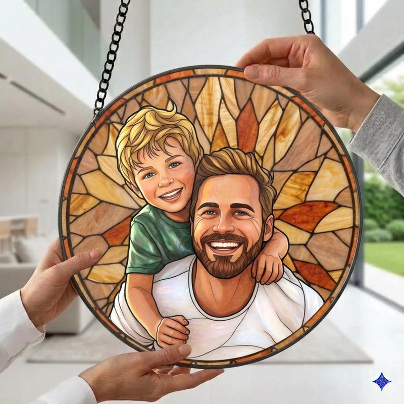 Custom Photo Stained Glass Window Hanging Suncatcher - Personalized Father's Day Birthday Gifts For Dad, Grandpa - Dad Always Our Hero