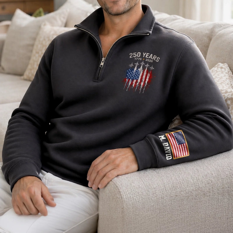 Custom Unisex Quarter Zip Sweatshirt - Personalized America 250th Anniversary Gifts For Mom, Dad, Brother, Sister, Kids - Vintage Patriot Spirit