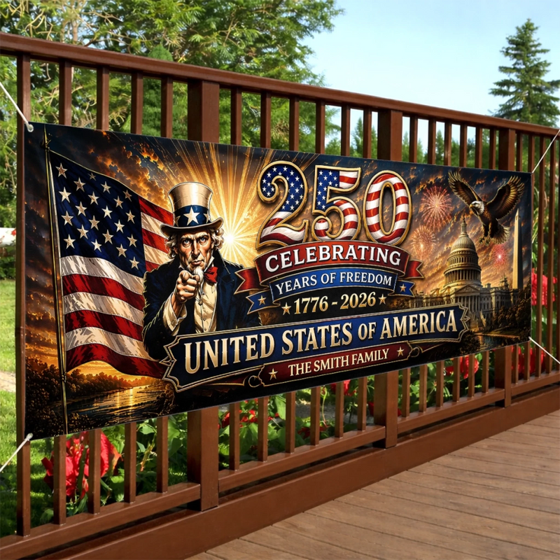 Custom Polyester Outdoor Banner - Personalized America 250th Anniversary Gifts For Mom, Dad, Brother, Sister, Kids - Stars, Stripes And Strong Roots