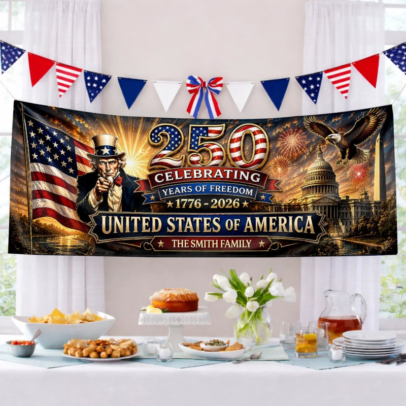 Custom Polyester Outdoor Banner - Personalized America 250th Anniversary Gifts For Mom, Dad, Brother, Sister, Kids - Stars, Stripes And Strong Roots
