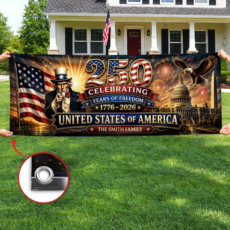 Custom Polyester Outdoor Banner - Personalized America 250th Anniversary Gifts For Mom, Dad, Brother, Sister, Kids - Stars, Stripes And Strong Roots